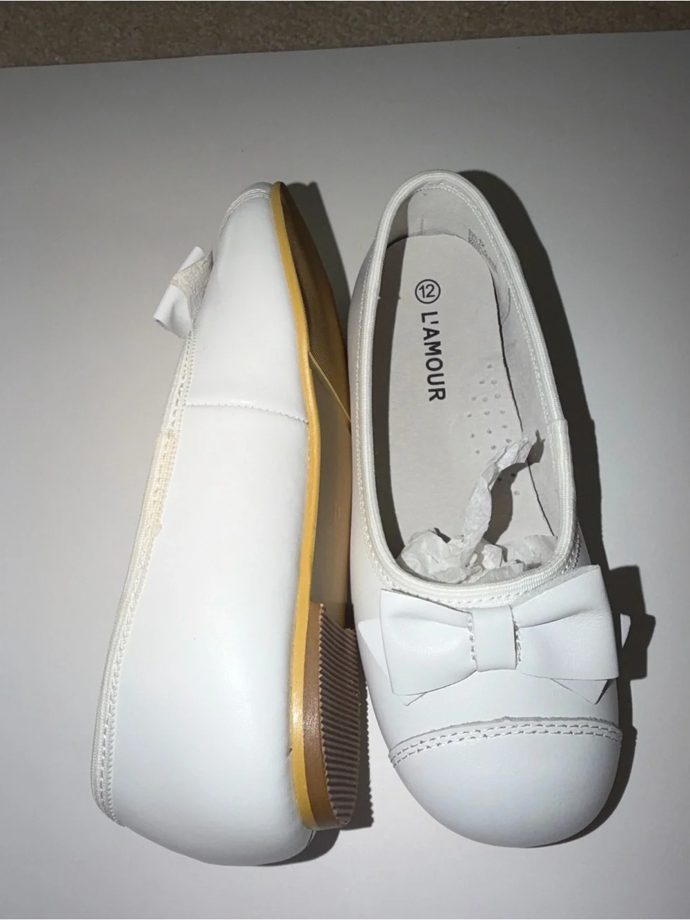 NWT L'Amour Girls Size 12 White Ballet Bow Flats | Communion Easter Wedding